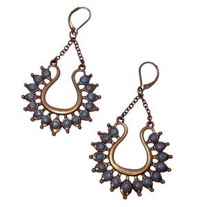 Vintage Faux Turquoise Dangle Earrings, Antique Gold Brass Boho Hoop Design, 2.7